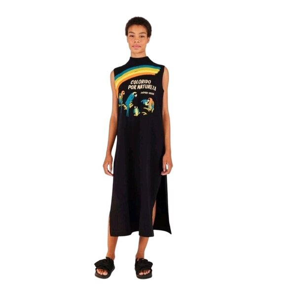 Farm Rio Colorido Por Natureza Midi Dress Mock Neck Sleeveless Slit Sides Size M - Picture 1 of 11